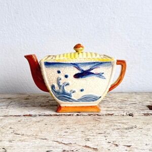 Vintage Japanese Hand Painted Ceramic Teapot Flying Fish Ocean Waves CSGC
